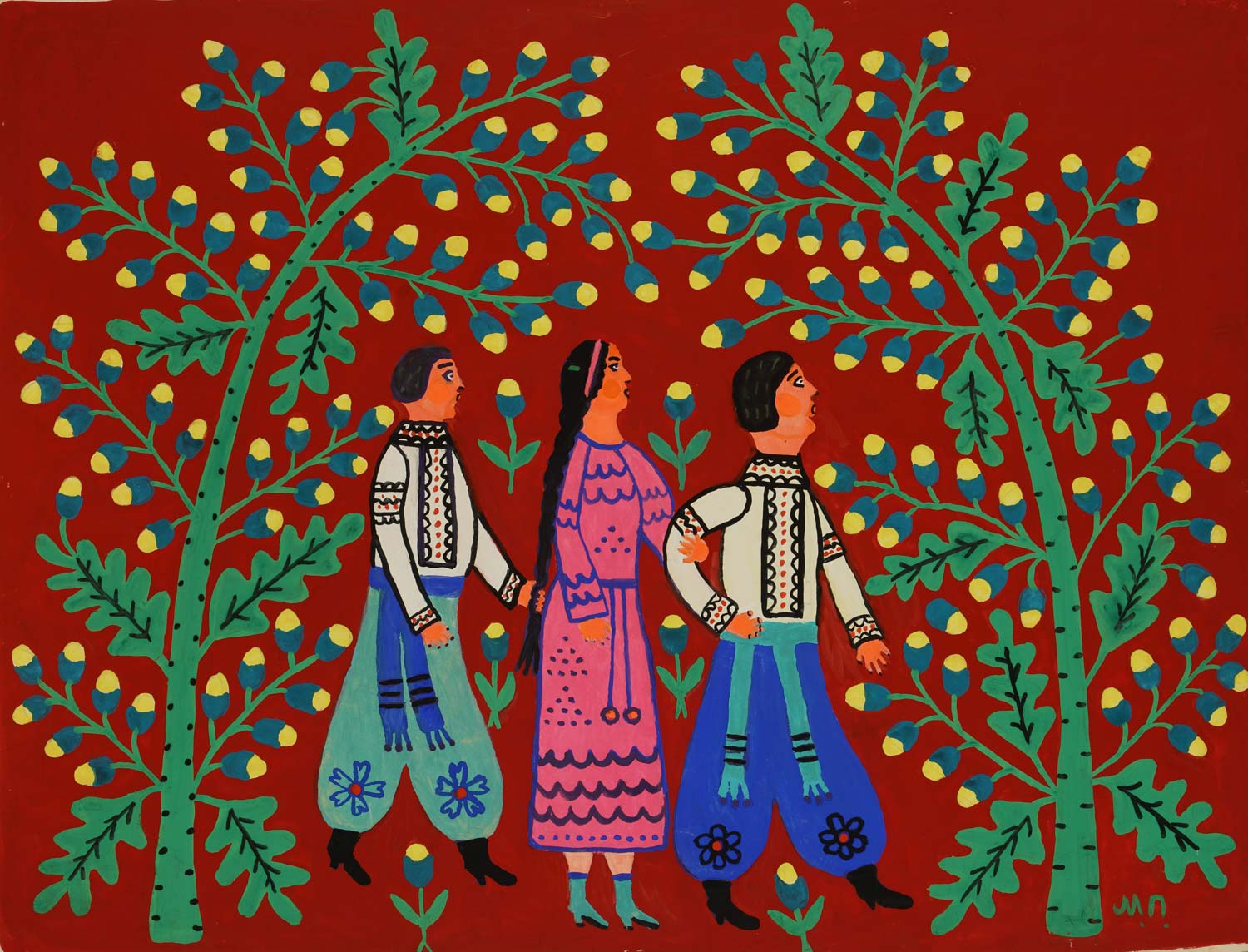 Maria Prymachenko, Los ucranianos bailan y aran el grano (1986; Kiev, Museo Nacional Taras Shevchenko) Maria Prymachenko, Los ucranianos bailan y aran el grano (1986; Kiev, Museo Nacional Taras Shevchenko)