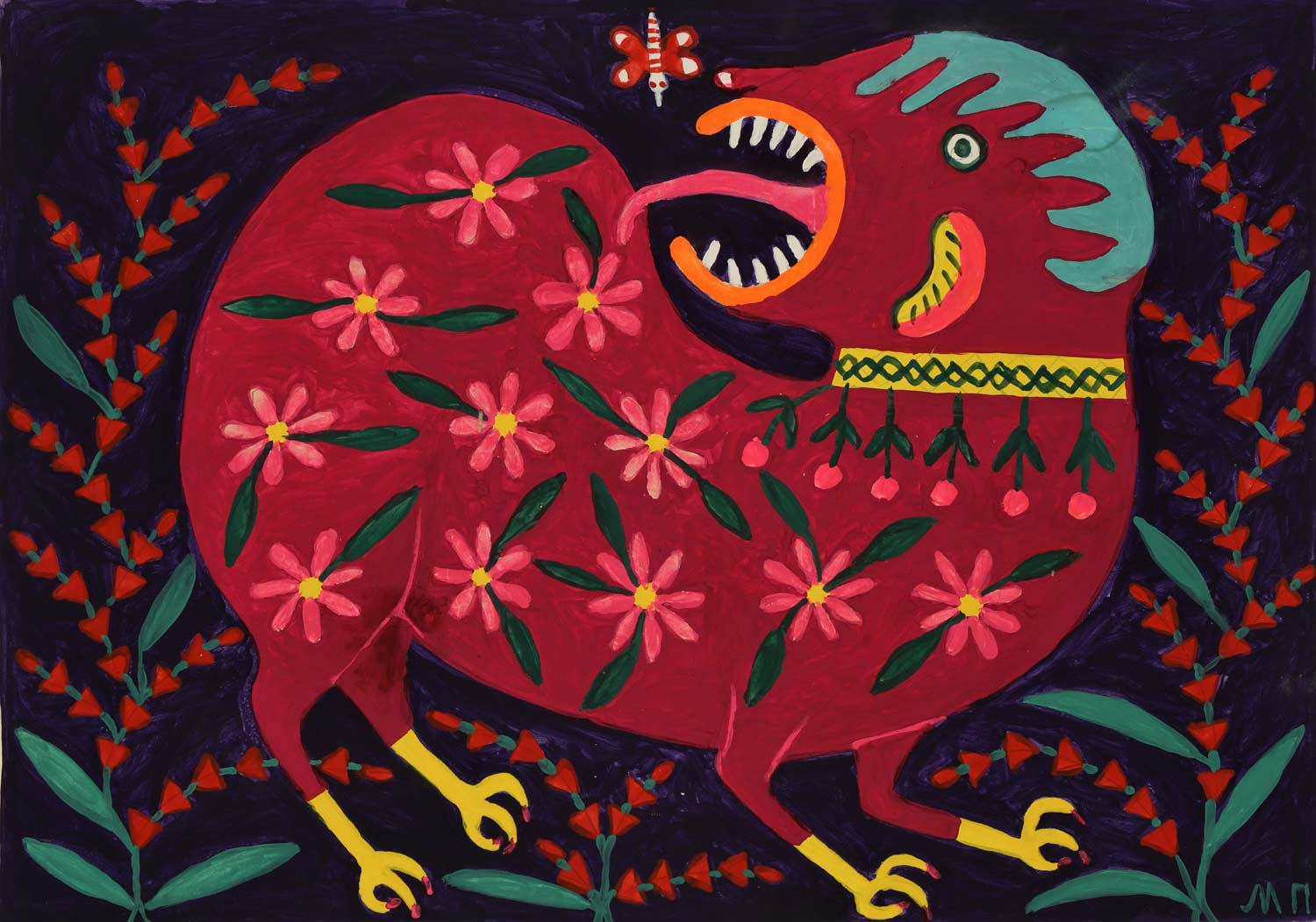 Maria Prymachenko, Lekaha se rasca. Y es primavera, pero a ella no le importa y su boca está sana (1990; Kiev, Museo Nacional Taras Shevchenko) Maria Prymachenko, Lekaha se rasca. Y es primavera, pero a ella no le importa y su boca está sana (1990; Kiev, Museo Nacional Taras Shevchenko)