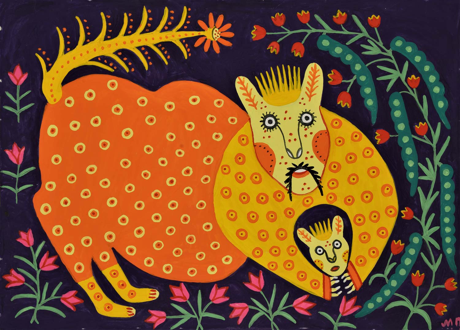 Maria Prymachenko, Una osa con un osezno en el balneario, y una osa en casa chupándose la pata de dolor... (1988; Kiev, Museo Nacional Taras Shevchenko) Maria Prymachenko, Una osa con un osezno en el balneario, y una osa en casa chupándose la pata de dolor... (1988; Kiev, Museo Nacional Taras Shevchenko)