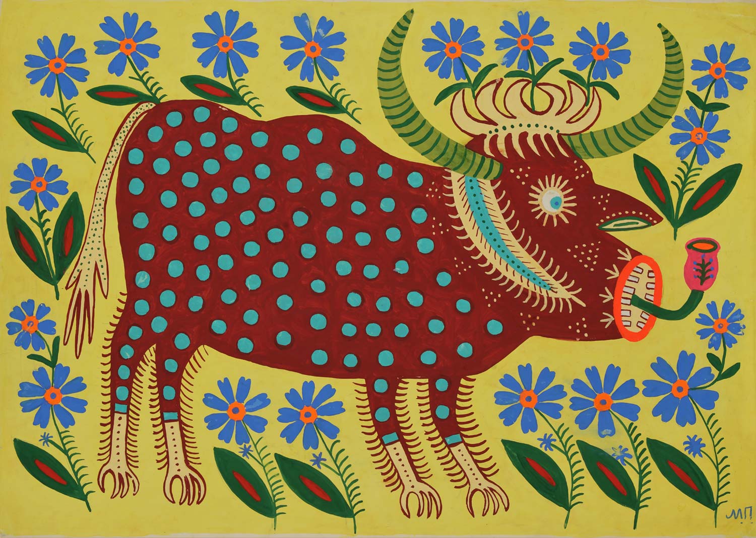 Maria Prymachenko, Un toro entre las flores fuma en pipa y piensa en cómo pastar en la avena sin ser atrapado (1983; Kiev, Museo Nacional Taras Shevchenko). Maria Prymachenko, Un toro entre las flores fuma en pipa y piensa en cómo pastar en la avena sin ser atrapado (1983; Kiev, Museo Nacional Taras Shevchenko).