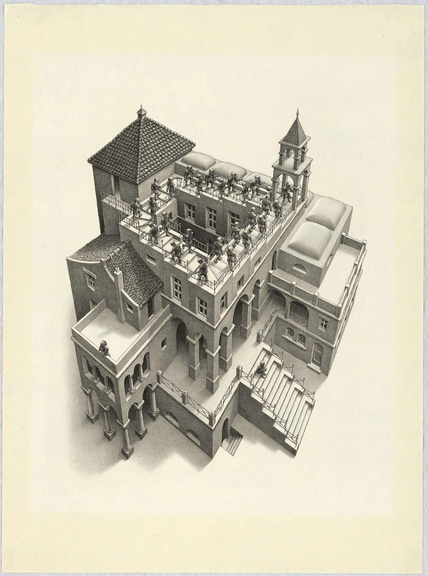 Maurits Cornelis Escher, Salire e scendere (1960; Litografia, 355x285 mm; Collezione M.C. Escher Foundation, Paesi Bassi) © 2023 The M.C. Escher Company. Tutti i diritti riservati www.mcescher.com
