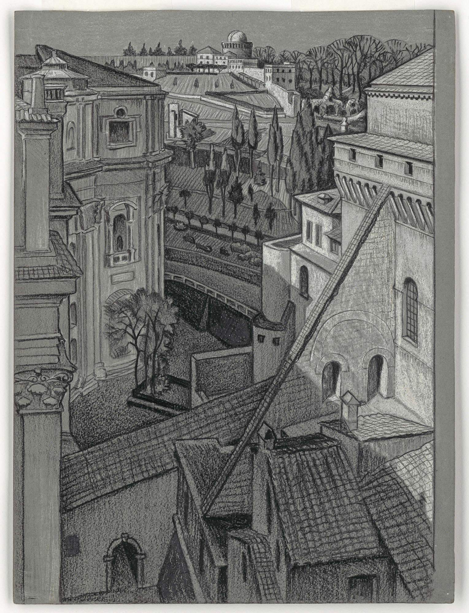 Maurits Cornelis Escher, Tra San Pietro e la Cappella Sistina (1936; pastello e gessetto, 317x238 mm; Collezione Maurits, Italia) © 2023 The M.C. Escher Company. Tutti i diritti riservati www.mcescher.com