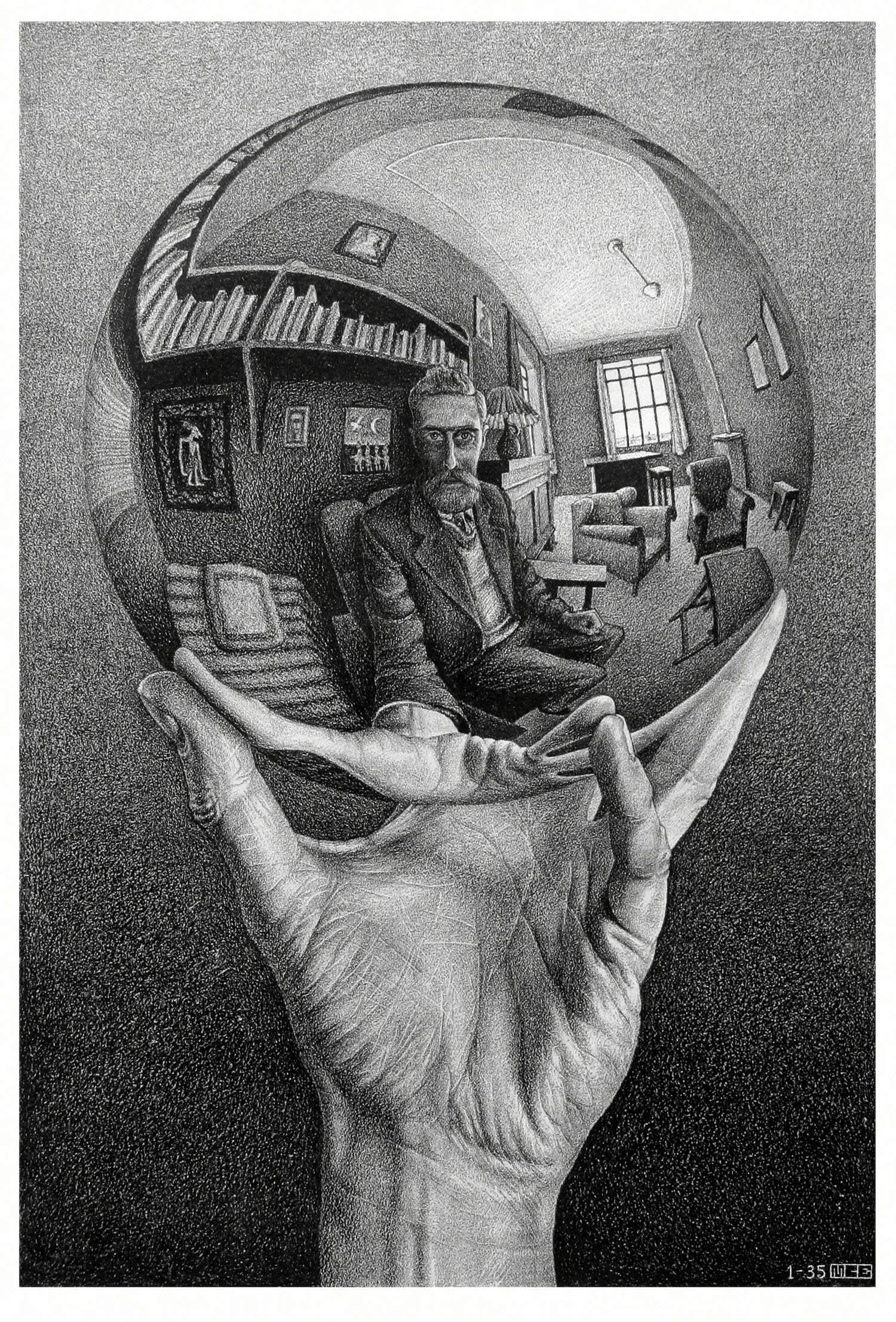 Maurits Cornelis Escher, Mano con sfera riflettente (1935; Litografia, 318x213 mm; Collezione Rock J. Walker / Walker Fine Art) © 2023 The M.C. Escher Company. Tutti i diritti riservati www.mcescher.com