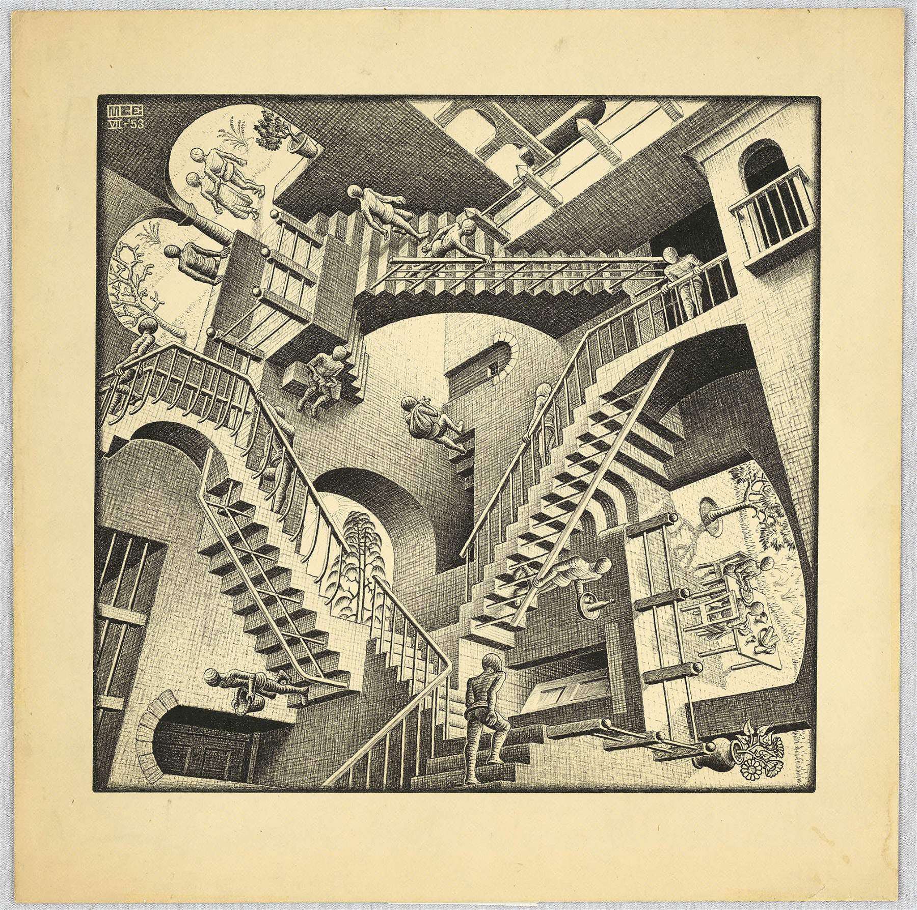 Maurits Cornelis Escher, Relatività (1953; Litografia, 277x292 mm; Collezione M.C. Escher Foundation, Paesi Bassi) © 2023 The M.C. Escher Company. Tutti i diritti riservati www.mcescher.com