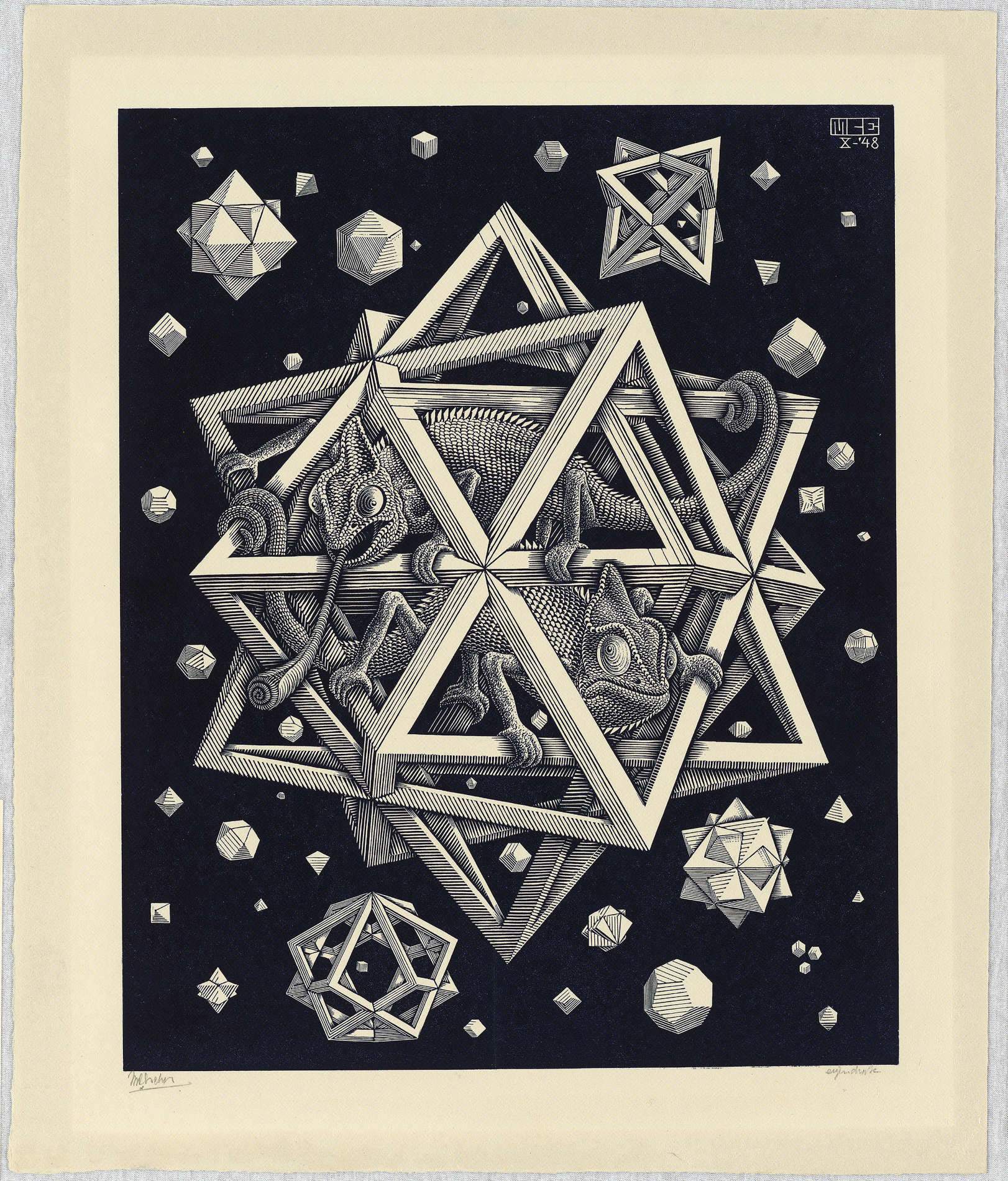 Maurits Cornelis Escher, Stelle (1948; Xilografia di testa, 320x260 mm; Collezione M.C. Escher Foundation, Paesi Bassi) © 2023 The M.C. Escher Company. Tutti i diritti riservati www.mcescher.com