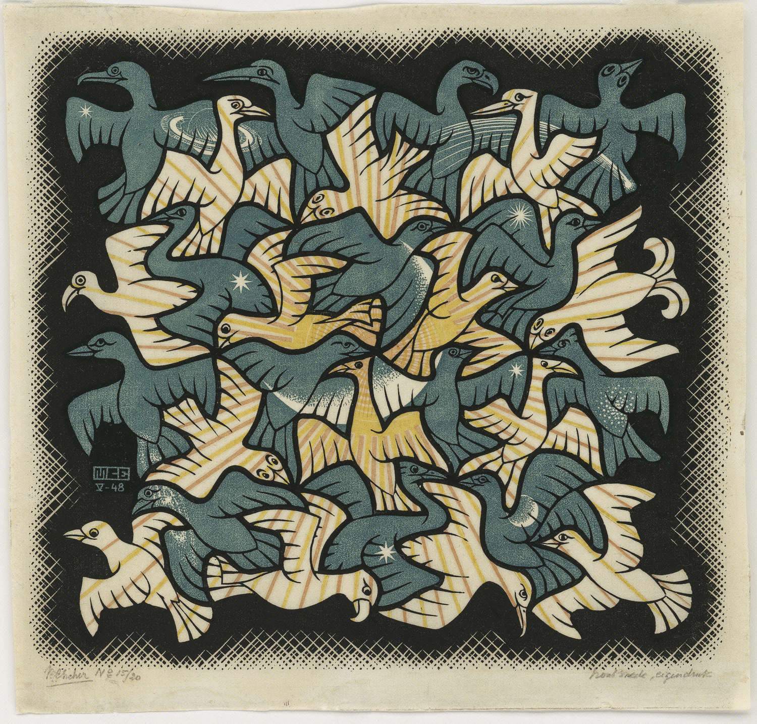 Maurits Cornelis Escher, Sole e Luna (1948; Xilografia, 251x270 mm; Collezione M.C. Escher Foundation, Paesi Bassi) © 2023 The M.C. Escher Company. Tutti i diritti riservati www.mcescher.com