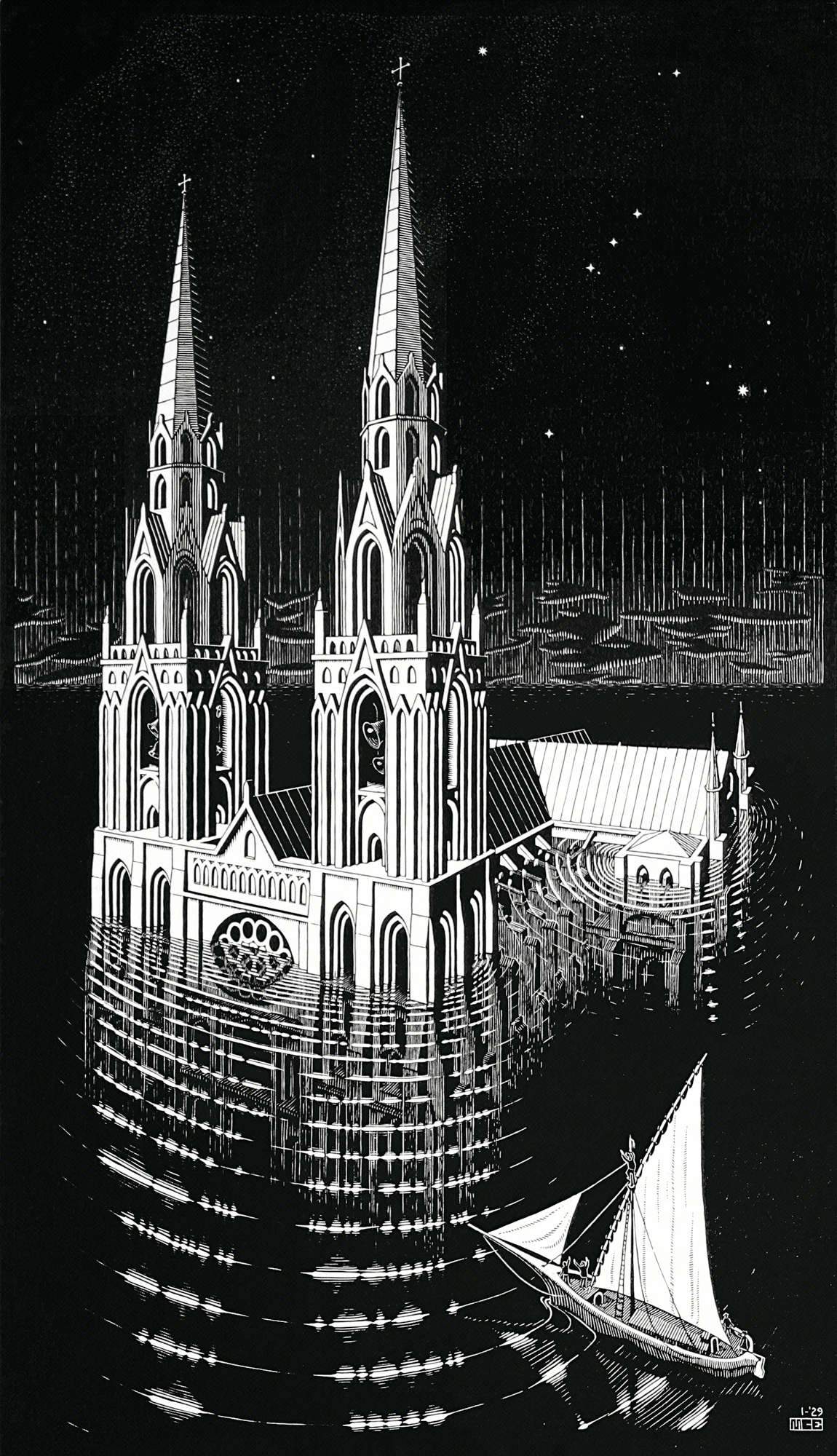Maurits Cornelis Escher, La Cathédrale engloutie (La cattedrale sommersa) (1929; Xilografia, 721x416 mm; Collezione M.C. Escher Foundation, Paesi Bassi) © 2023 The M.C. Escher Company. Tutti i diritti riservati www.mcescher.com
