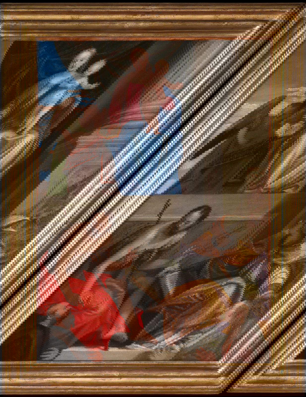 Paolo Veronese, Madonna and Child, St. John the Baptist, St. Louis of Toulouse, and the two patrons Giovanni Bevilacqua Lazise and Lucrezia Malaspina Bevilacqua Lazise (c. 1546 - 1548; Oil on paper mounted on canvas, 50 x 36 cm; Florence, Uffizi Galleries, Room D26)