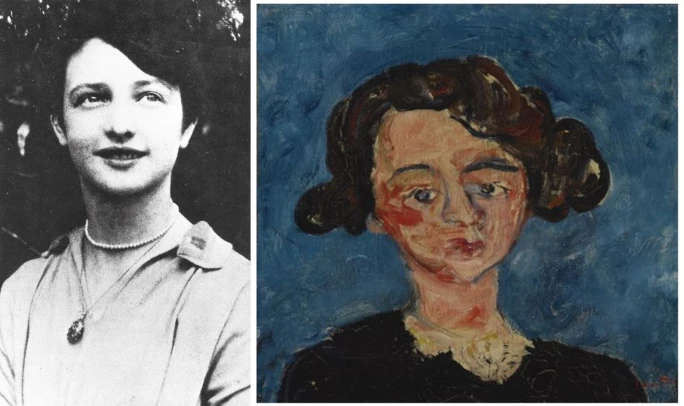 À gauche, Paulette Jourdain vers 1919. À droite, Chaïm Soutine, Portrait de Paulette Jourdain (1928 ; huile sur toile, 34,6 x 36,1 cm) À gauche, Paulette Jourdain vers 1919. À droite, Chaïm Soutine, Portrait de Paulette Jourdain (1928 ; huile sur toile, 34,6 x 36,1 cm)