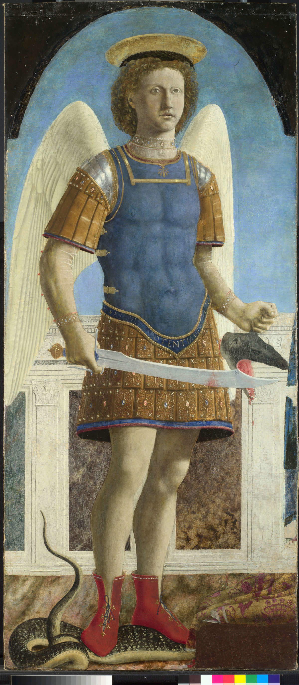 Piero della Francesca, Saint Michael Archangel (1454-69; oil on panel, 134.5 x 59.5 cm; London, The National Gallery) Piero della Francesca, Saint Michael Archangel (1454-69; oil on panel, 134.5 x 59.5 cm; London, The National Gallery)