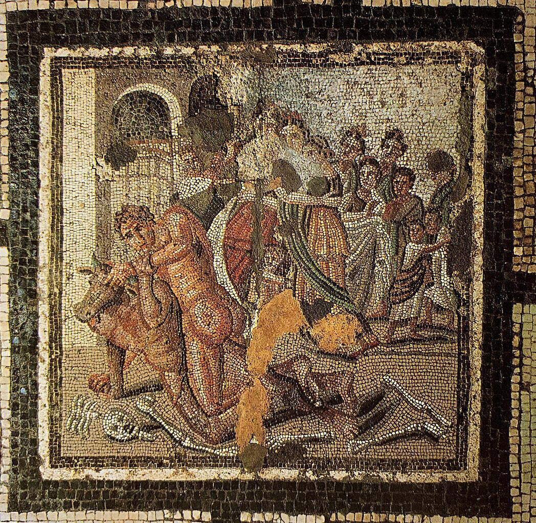 The central scene of the mosaic with the fight between Theseus and the Minotaur The central scene of the mosaic with the fight between Theseus and the Minotaur