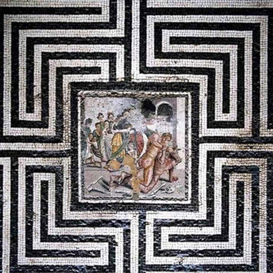 The central scene of the mosaic with the fight between Theseus and the Minotaur The central scene of the mosaic with the fight between Theseus and the Minotaur