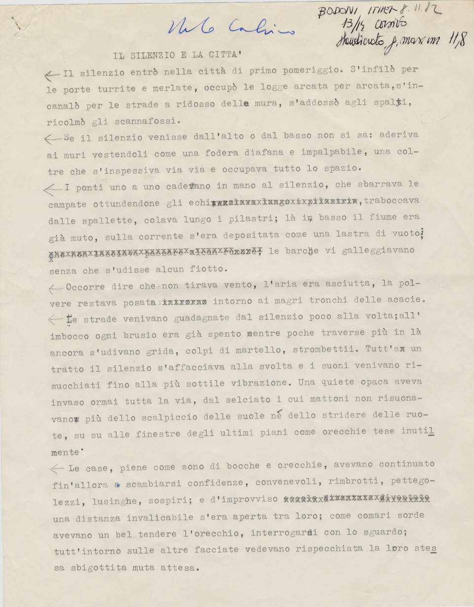 Prima pagina del dattiloscritto originale firmato del testo di Calvino Il silenzio e le città Prima pagina del dattiloscritto originale firmato del testo di Calvino Il silenzio e le città