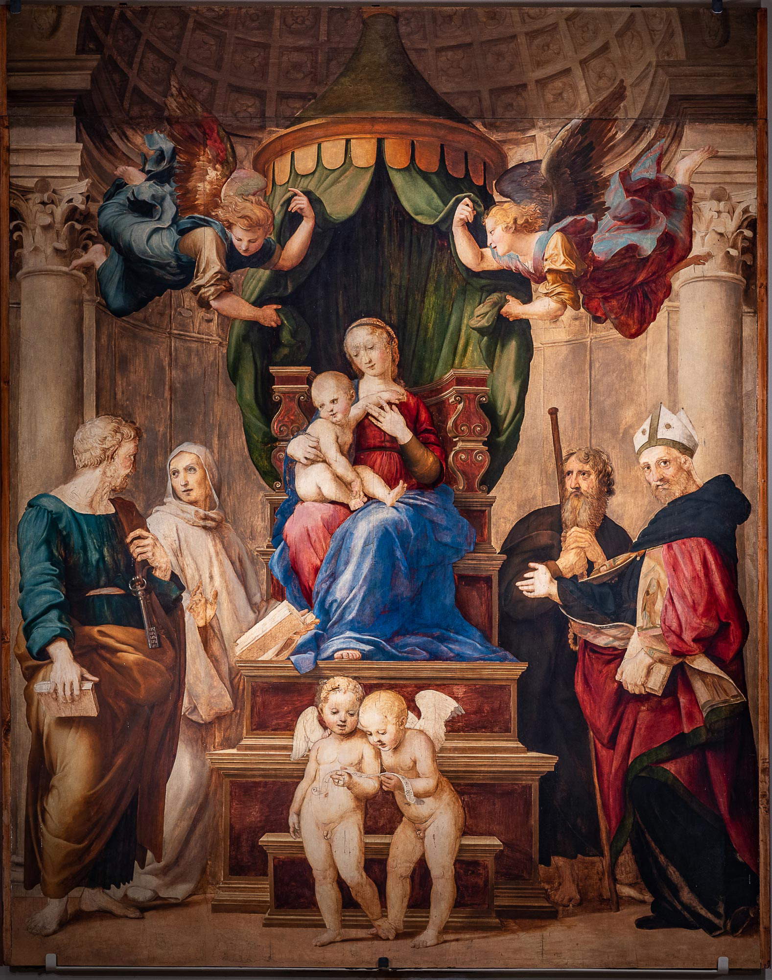 Raffaello, Madonna del Baldacchino (1506-1508; olio su tela, 248 x 216 cm poi ampliati nel 1697 a 280 x 216 cm; Firenze, Gallerie degli Uffizi, Galleria Palatina di Palazzo Pitti) Raffaello, Madonna del Baldacchino (1506-1508; olio su tela, 248 x 216 cm poi ampliati nel 1697 a 280 x 216 cm; Firenze, Gallerie degli Uffizi, Galleria Palatina di Palazzo Pitti)