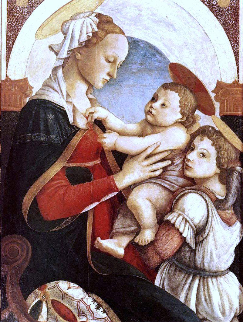 Sandro Botticelli, Virgen con el Niño y ángel (c. 1465; temple sobre tabla, 69 x 64 cm; Florencia, Museo degli Innocenti) Sandro Botticelli, Virgen con el Niño y ángel (c. 1465; temple sobre tabla, 69 x 64 cm; Florencia, Museo degli Innocenti)