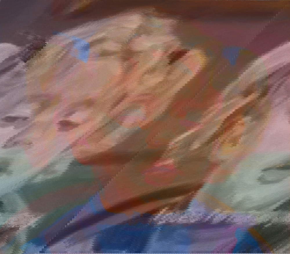 Sarah Ledda, Deadline, Ich glaube, ich bin nicht sehr hungrig (2022; Öl auf Leinwand, 28 x 32 cm)