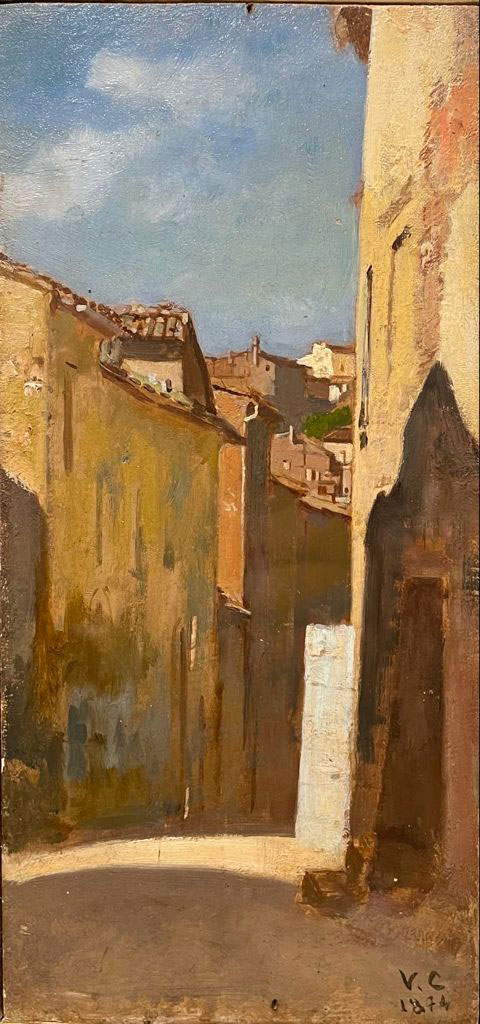 Vincenzo Cabianca, Vicolo di paese (1874; olio su tavola; Collezione privata)