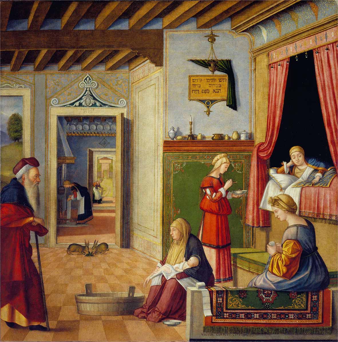 Vittore Carpaccio, Naissance de la Vierge (vers 1502-1503 ; huile sur toile, 128,5 × 127,5 cm ; Bergame, Accademia Carrara) Vittore Carpaccio, Naissance de la Vierge (vers 1502-1503 ; huile sur toile, 128,5 × 127,5 cm ; Bergame, Accademia Carrara)