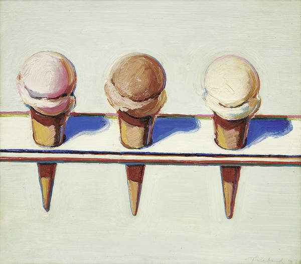 Wayne Thiebaud, Three cones (1964; olio su cartone, 33 x 37,5 cm; Collezione Bill e Donna Acquavella) Wayne Thiebaud, Three cones (1964; olio su cartone, 33 x 37,5 cm; Collezione Bill e Donna Acquavella)