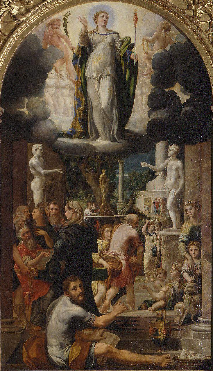 Girolamo Mazzola Bedoli, Retablo de la Concepción (1533-1536; óleo sobre lienzo pegado a tabla, 365 x 210 cm; Parma, Complejo de la Pilotta, Galería Nacional)