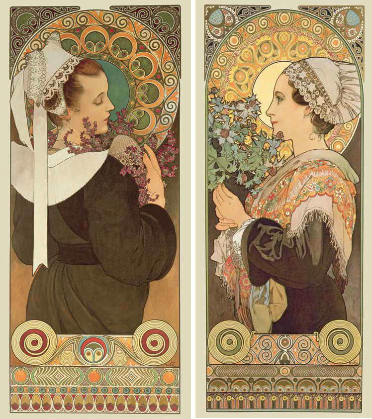 Alfons Mucha, Brezo de los acantilados y Cardo de las arenas (1902; litografía en color, 74 x 35 cm c/u) © Mucha Trust 2023 Alfons Mucha, Brezo de los acantilados y Cardo de las arenas (1902; litografía en color, 74 x 35 cm c/u) © Mucha Trust 2023