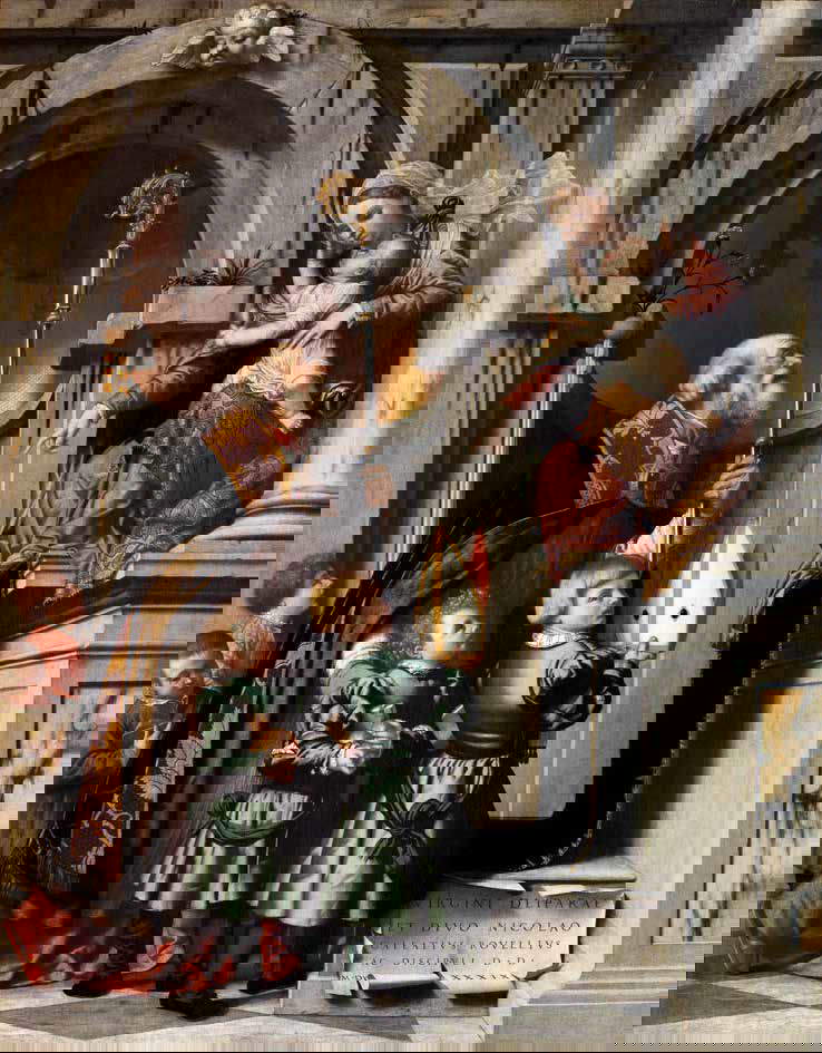 Alessandro Bonvicino dit Moretto, Saint Nicolas de Bari présente les élèves de Galeazzo Rovellio à la Vierge (Pala Rovellio) (1539 ; huile sur toile, 245 x 192 cm ; Brescia, Pinacothèque Tosio Martinengo, inv. 89)