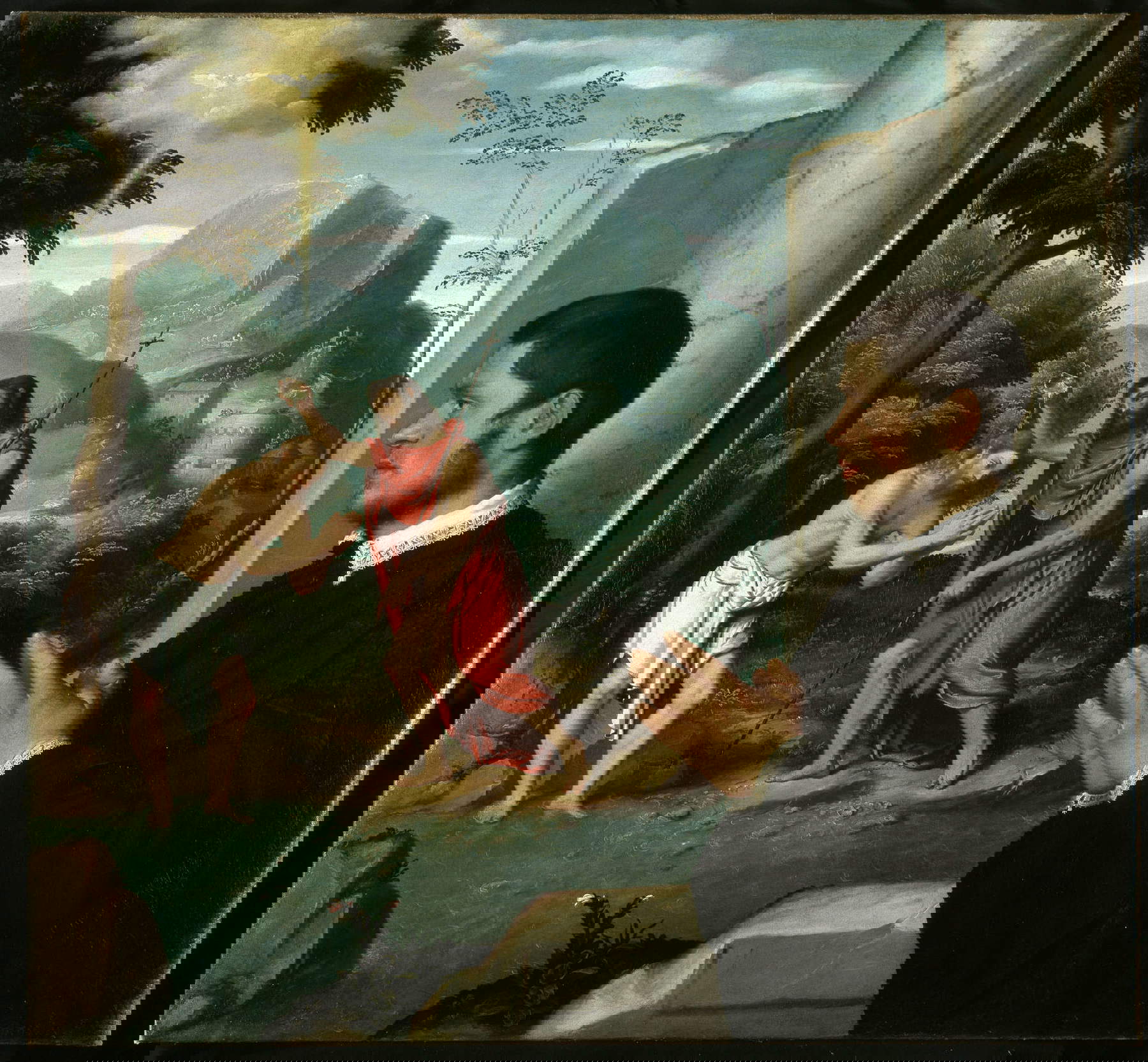 Giovanni Battista Moroni, Dévot contemplant le baptême du Christ (vers 1555 ; huile sur toile, 104,5 x 112,5 cm ; collection Gerolamo et Roberta Etro)