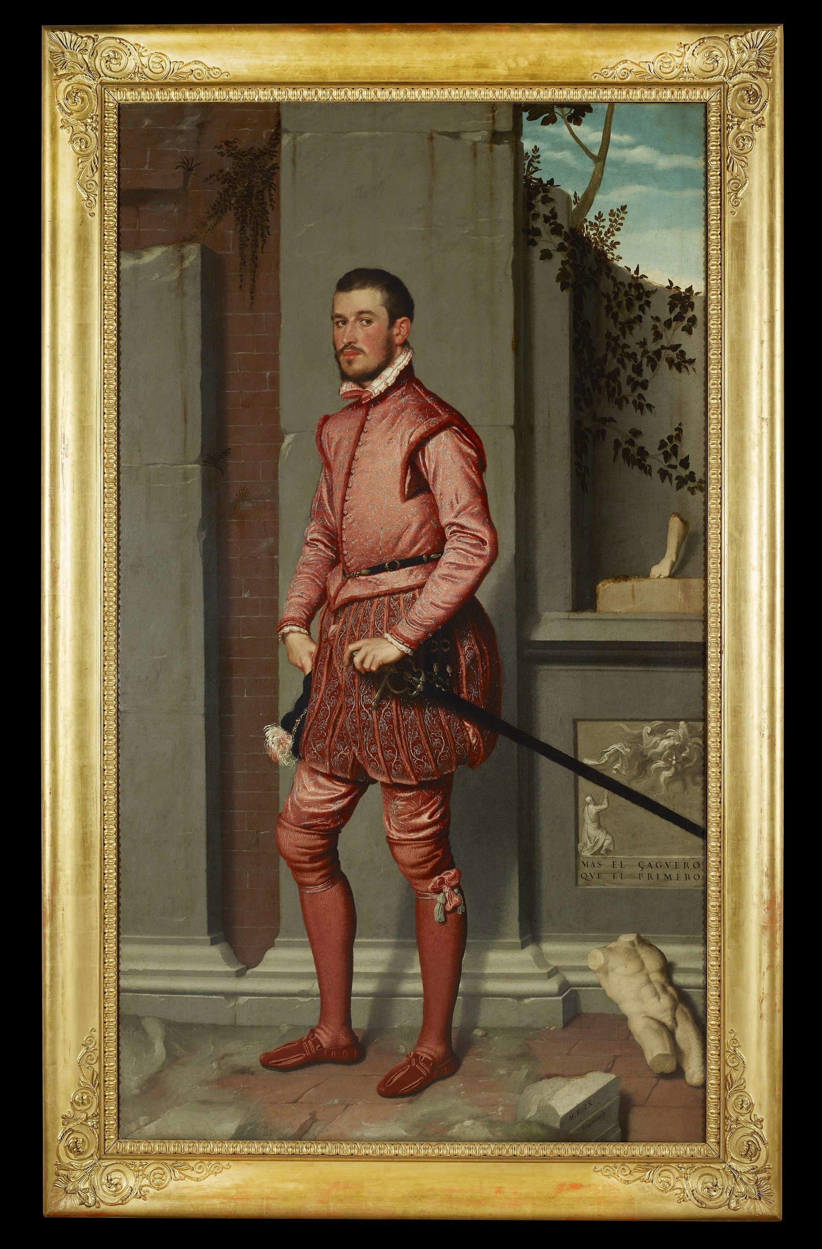 Giovanni Battista Moroni, Portrait de Gian Gerolamo Grumelli (Le chevalier en rose) (1560 ; huile sur toile, 216 x 123 cm ; Bergame, Palazzo Moroni, collection privée Lucretia Moroni)