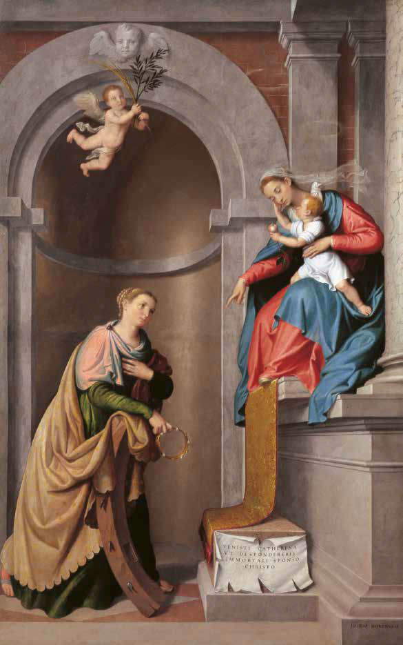 Giovanni Battista Moroni, Mariage mystique de sainte Catherine (vers 1568-1570 ; huile sur toile, 228 x 148 cm ; Almenno San Bartolomeo, église de San Bartolomeo)