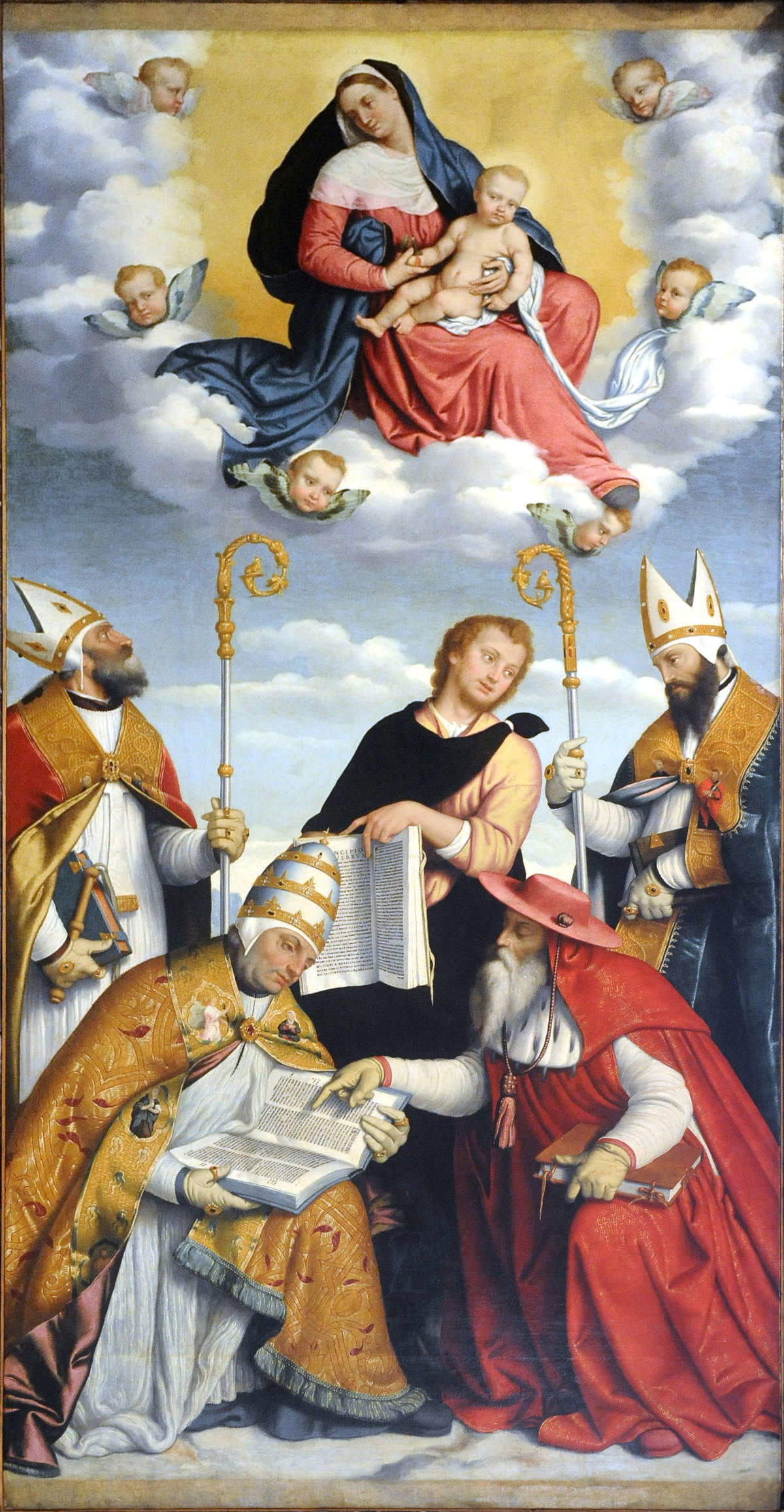 Giovanni Battista Moroni, Vierge à l'enfant en gloire et saints Ambroise, Grégoire, Jérôme, Augustin et Jean l'Évangéliste (vers 1551 ; huile sur toile, 330 x 164 cm ; Trente, basilique de Santa Maria Maggiore)