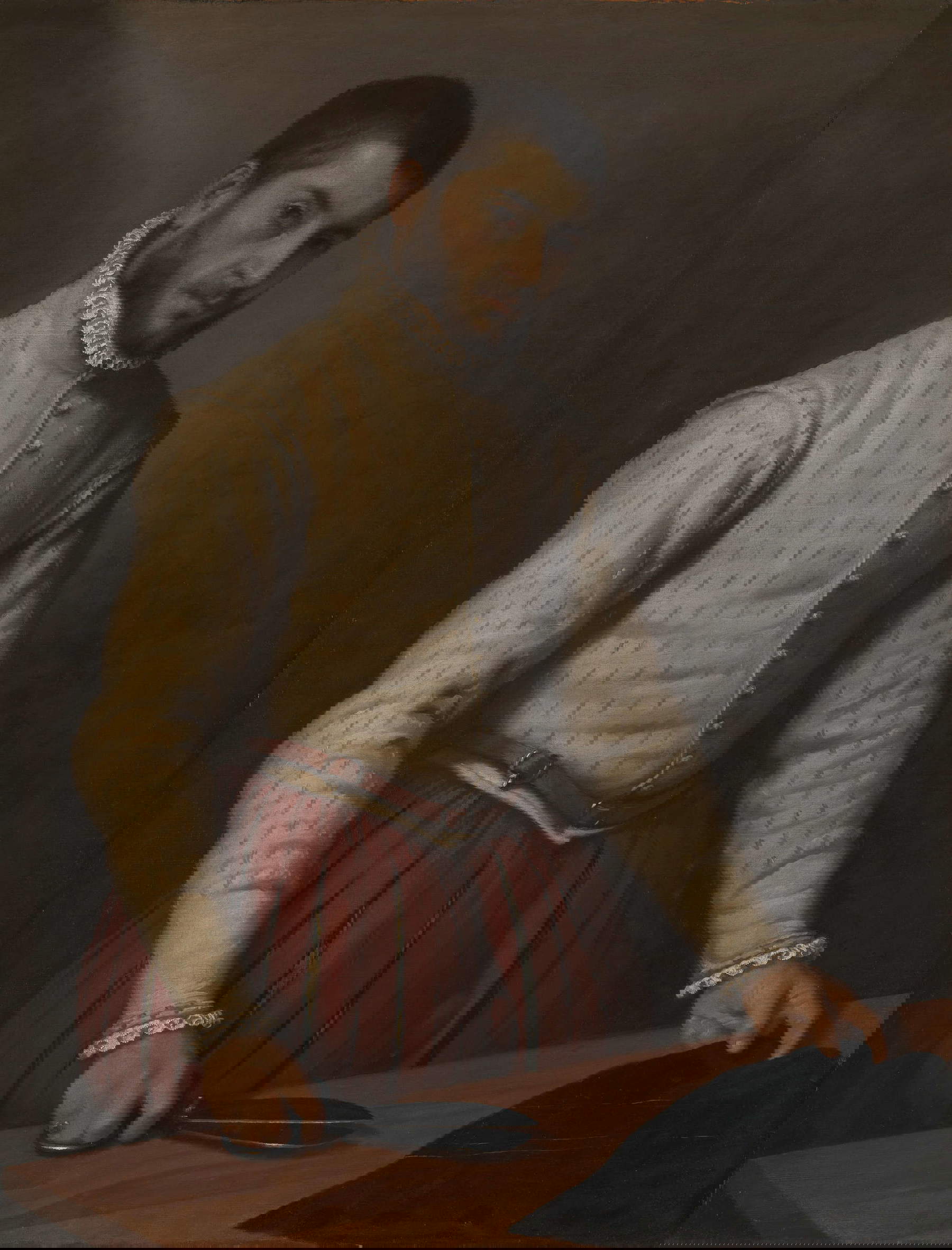 Giovanni Battista Moroni, Portrait d'un tailleur (Il tagliapanni) (vers 1572-1575 ; huile sur toile, 99,5 x 77 cm ; Londres, The National Gallery, achat 1862, inv. NG 697)