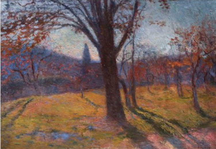 Serafino Macchiati, Landschaft mit Bäumen (1900-1910; Öl auf Karton, 28 x 41 cm; Fondazione Enrico Piceni)