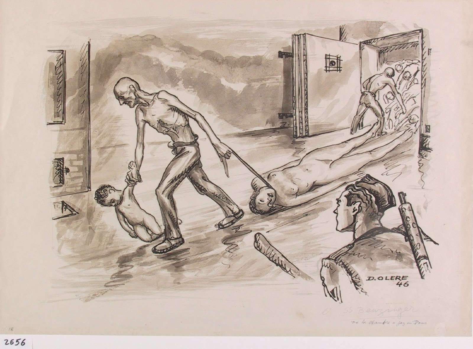 David Olère, I cadaveri vengono portati al forno (1945; disegno; Lohamei HaGeta'ot, Ghetto Fighters House)