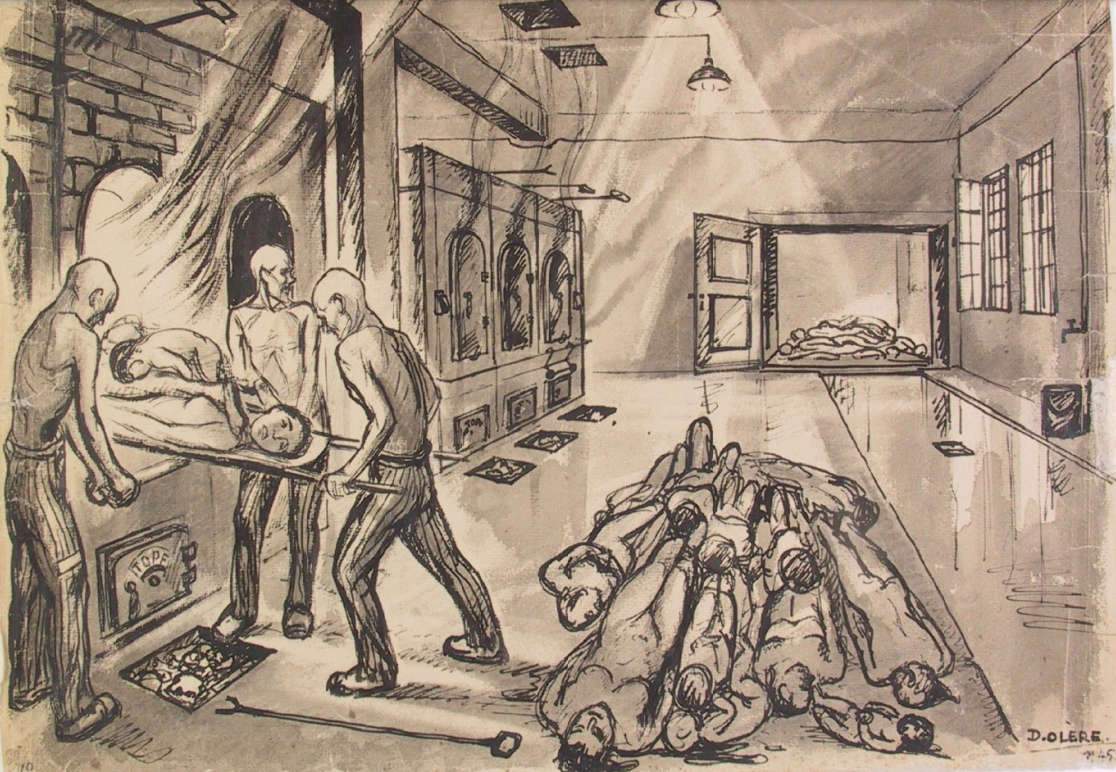 David Olère, La stanza del forno (1945; disegno, 58 x 38 cm; Lohamei HaGeta'ot, Ghetto Fighters House)