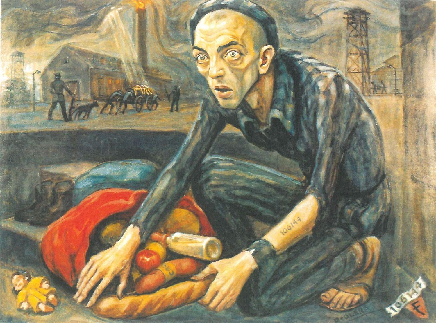 David Olère, Il cibo dei morti per i vivi - Autoritratto (s.d.; tela, 102 x 76 cm; Oświęcim, Museo statale di Auschwitz-Birkenau)