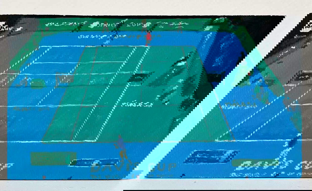 Simone Tribuiani, Davis Cup, Italien gegen Serbien, Sinner Djokovic (2023; Acryl auf Platte, 15,5x 8,6 cm) Simone Tribuiani, Davis Cup, Italien gegen Serbien, Sinner Djokovic (2023; Acryl auf Platte, 15,5x 8,6 cm)