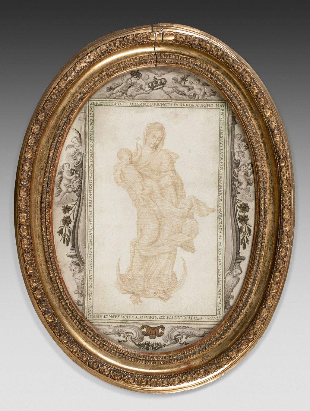 Ignazio Muligin e collaboratore, Vergine dell'Immacolata Concezione (1702; inchiostro seppia su pergamena, 32,3 x 23 cm)