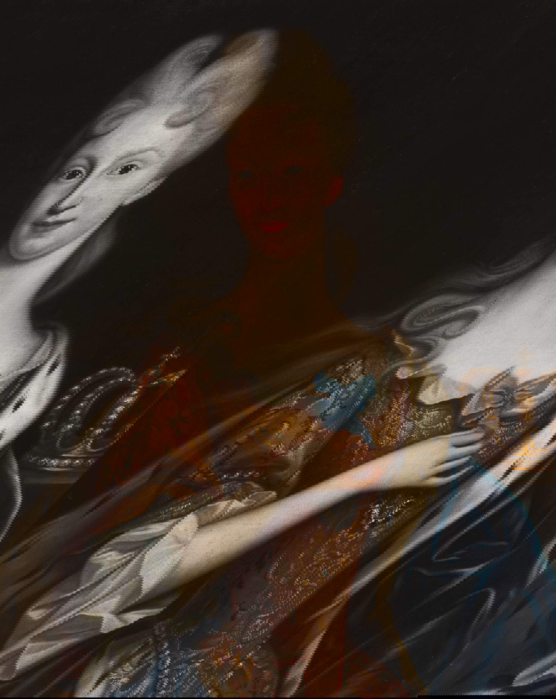 Giovanni Maria delle Piane conocido como il Mulinaretto, Retrato de Isabel Farnesio (1714-1715; óleo sobre lienzo, 101,7 x 85 cm; Reggia di Caserta, n.º inv. 318 [1874]; n.º 464 [1905]; n.º 1029 [1951-52]; n.º 888 [1977-78], Colección Farnesio, serie Fasti Farnesio, boda de Isabel Farnesio y Felipe V).