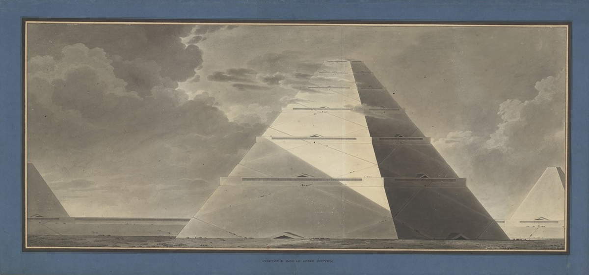 &Eacute;tienne-Louis Boull&eacute;e, C&eacute;notaphe d'un genre &eacute;gyptien : &eacute;l&eacute;vation en perspective (vers 1786 ; encre noire, aquarelles gris-brun et noires, 111 x 45 cm ; Paris, Bibliothèque nationale de France)