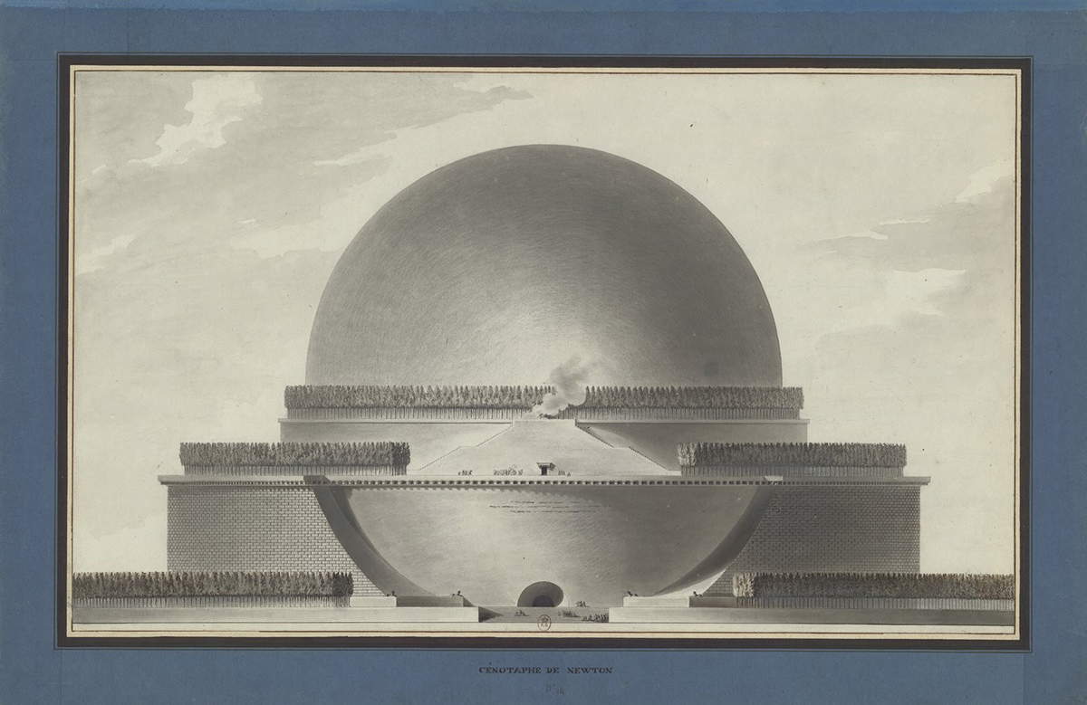 &Eacute;tienne-Louis Boull&eacute;e, C&eacute;notaphe de Newton, (1784 ; encre noire, aquarelle grise avec des tons bruns 66 x 40 cm ; Paris, Bibliothèque nationale de France)
