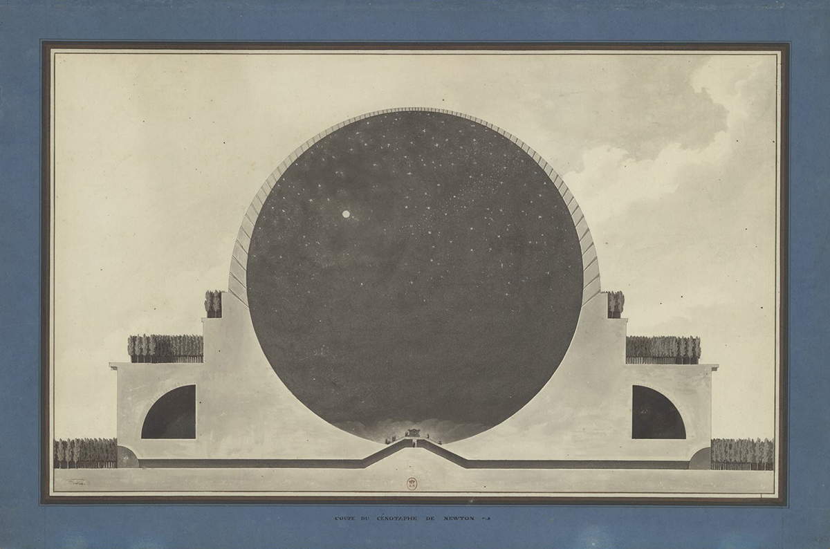 &Eacute;tienne-Louis Boull&eacute;e, Section du c&eacute;notaphe de Newton : de jour, (1784 ; encre noire, aquarelle grise avec des tons bruns, 66 x 40 cm ; Paris, Bibliothèque nationale de France)