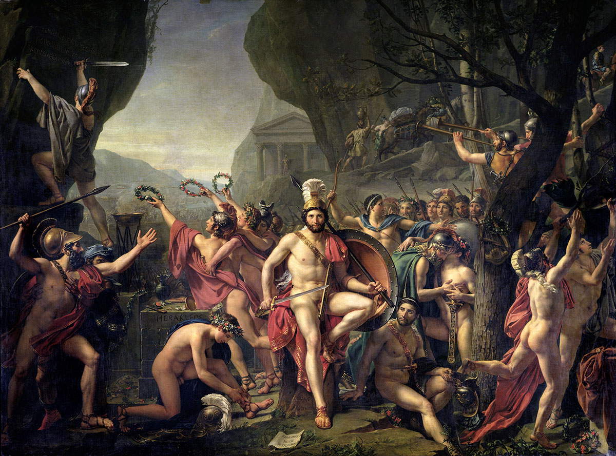 Jacques-Louis David, Léonidas aux Thermopyles (1814 ; huile sur toile, 395&times;531 cm ; Paris, Musée du Louvre)
