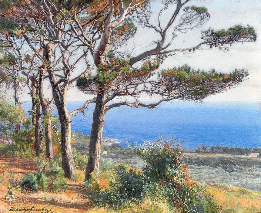 Raffaello Gambogi, Kiefern am Meer (1900-1905; Öl auf Tafel, 33,2 x 41 cm; Privatsammlung) Raffaello Gambogi, Kiefern am Meer (1900-1905; Öl auf Tafel, 33,2 x 41 cm; Privatsammlung)