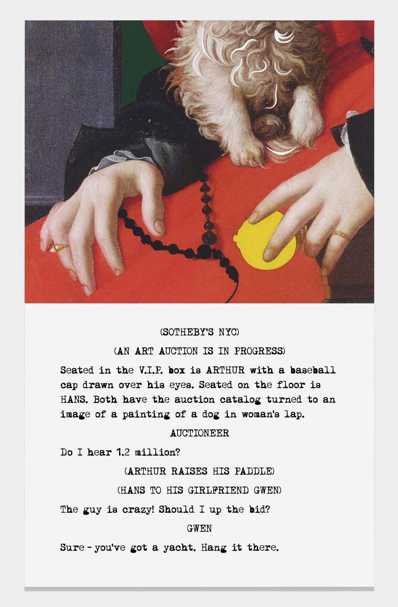 John Baldessari, Movie Scripts / Art : Hang in there (2014 ; impression peinte au jet d'encre sur toile avec peinture acrylique, 273,7 x 169,6 cm). John Baldessari, Movie Scripts / Art : Hang in there (2014 ; impression peinte au jet d'encre sur toile avec peinture acrylique, 273,7 x 169,6 cm).