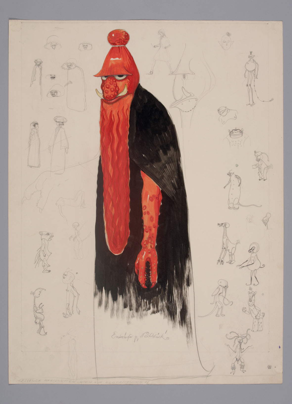 Richard Teschner, Nachtstück (diablo de piel) y numerosos dibujos pequeños para diversas figuras (1913; acuarela, pintura mate y lápiz sobre cartón; Viena, Museo del Teatro) Richard Teschner, Nachtstück (diablo de piel) y numerosos dibujos pequeños para diversas figuras (1913; acuarela, pintura mate y lápiz sobre cartón; Viena, Museo del Teatro)