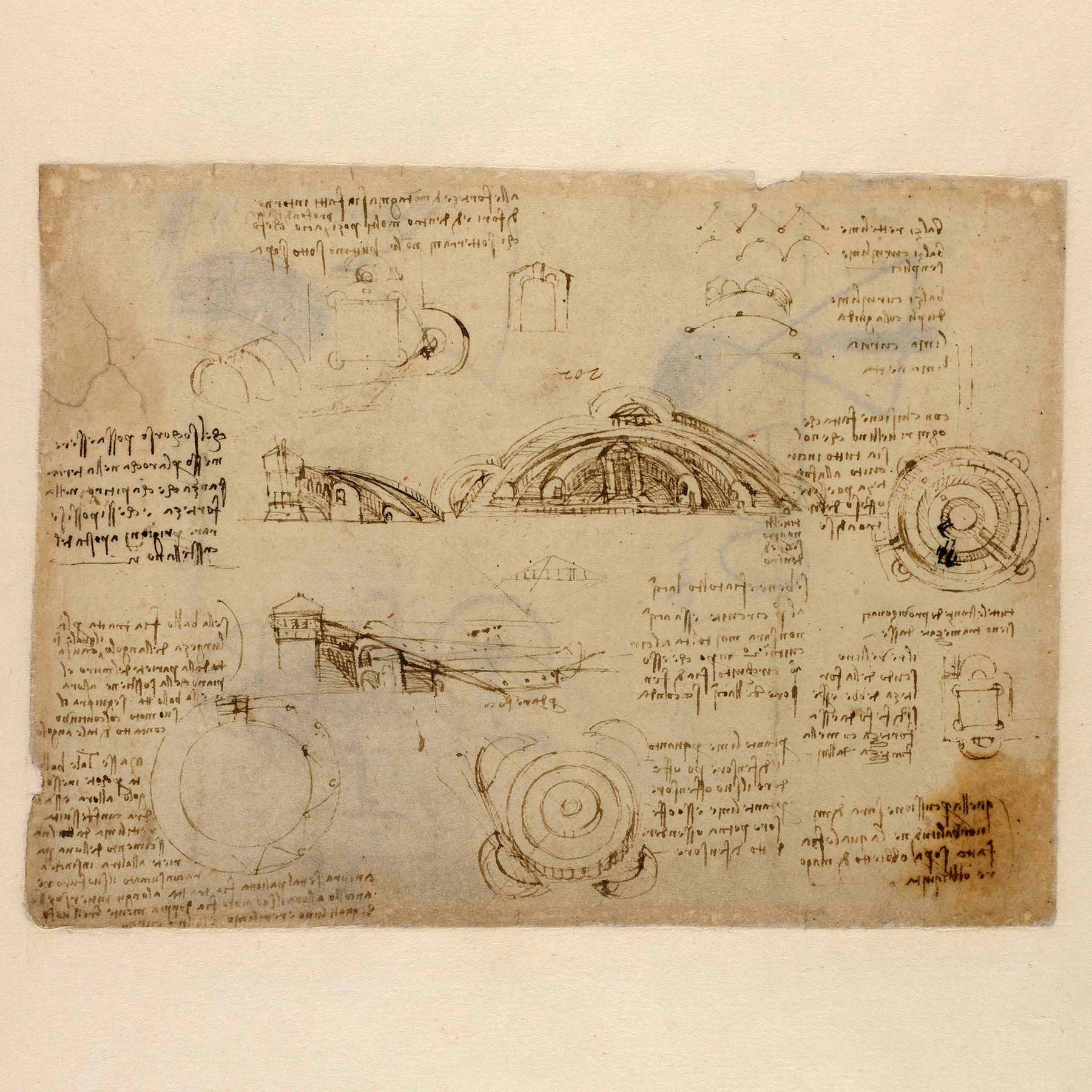 Leonardo da Vinci, Studien zu Festungsanlagen (um 1502-1503; Feder und Tinte, 221 &times; 300 mm; Mailand, Veneranda Biblioteca Ambrosiana, Codex Atlanticus, f. 48r-b [133r])