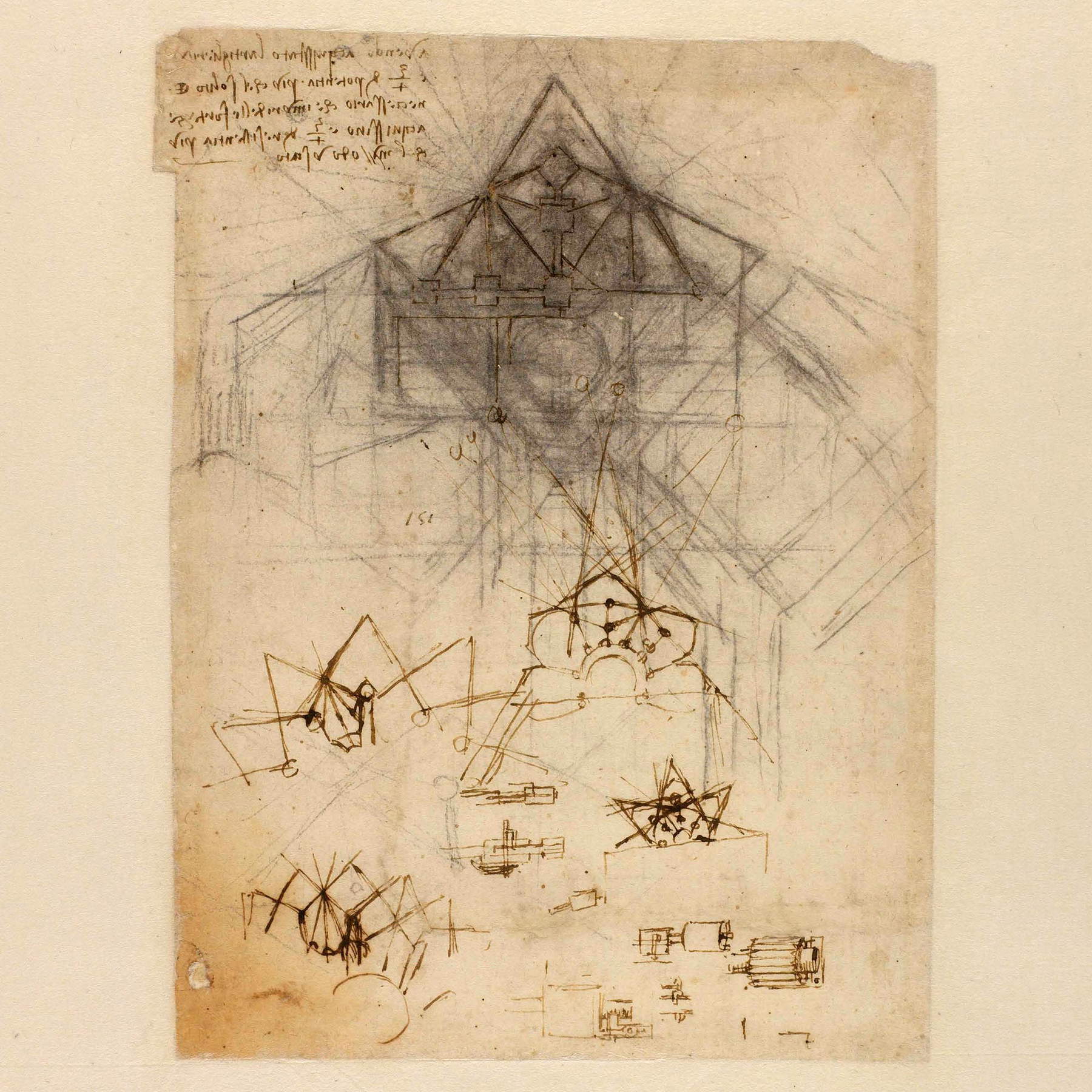 Leonardo da Vinci, Studien zu den Befestigungsanlagen von Piombino (um 1503-1504; schwarzer Stein, übermalt mit Feder und Tinte, 274 &times; 204 mm; Mailand, Veneranda Biblioteca Ambrosiana, Codex Atlanticus, f. 48v-a [134r])