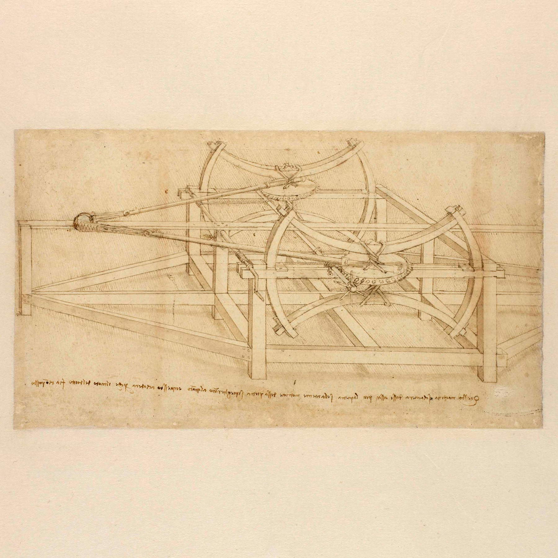 Leonardo da Vinci, Ballista, angetrieben durch Torsionsseile und vier Blattfedern (um 1485, spätere Inschriften 1497-1500 oder nach 1500 hinzugefügt; Metallspitze, Feder, Tinte und Aquarellspuren, 172 &times; 305 mm; Mailand, Veneranda Biblioteca Ambrosiana, Codex Atlanticus, f. 51v-b [145r])