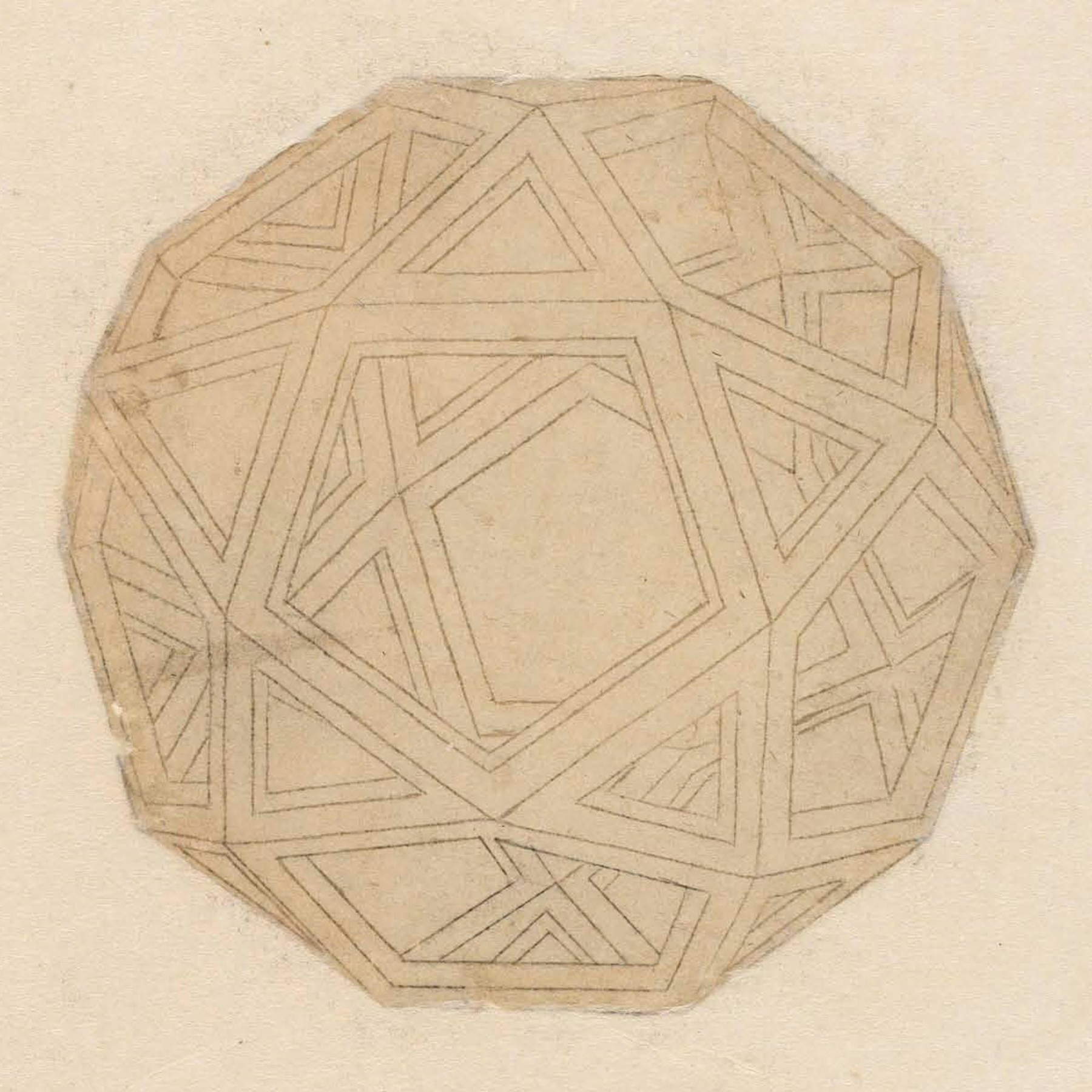 Leonardo da Vinci, Figur eines halbrigulären Polyeders, archimedisch: Ikosidodekaeder (um 1498?; Feder und Tinte, Spuren von Tuschierung, 178 &times; 123 mm; Mailand, Veneranda Biblioteca Ambrosiana, Codex Atlanticus, f. 263r-b [707r])