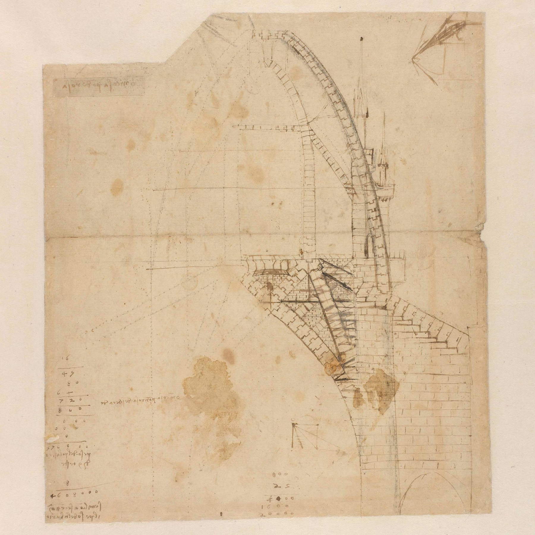 Leonardo da Vinci, Studie für das Tiburium des Mailänder Doms mit Notizen und Berechnungen (um 1487-1490; schwarzer Stein mit Feder und Tinte übermalt, 332 &times; 293 mm; Mailand, Veneranda Biblioteca Ambrosiana, Codex Atlanticus, f. 310r-a [850r])
